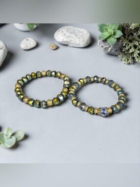 Vintage Genuine Sodalite Olive Green & Blue Crystal Beaded Stretch Bracelets/NIP